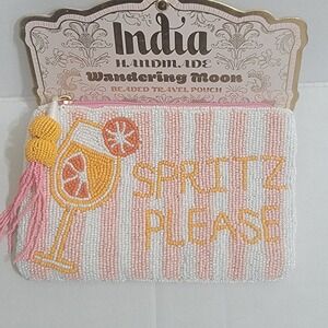 India Handmade Glass Beaded "Spritz Please" Cocktail Travel Pouch Coin Purse NWT